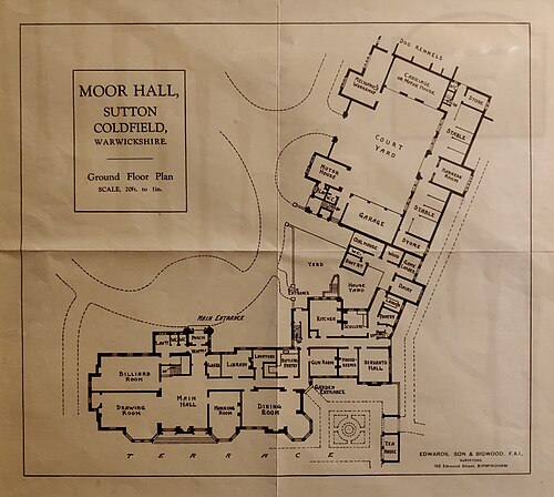 Moor Hall Ground Floor Plan (1930) - 2023-06-18 - Andy Mabbett (Cropped), Four Oaks