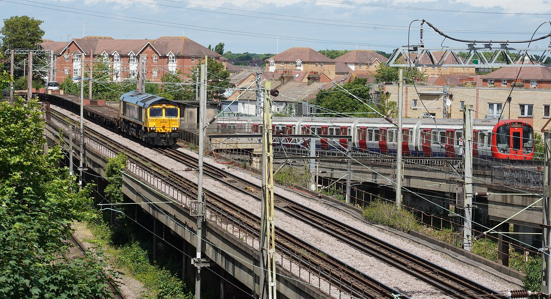 66 725 Sunderland FC of GBRF on Barking Viaduct, Mossend-Dagenham Empty Car Flats with S Stock 21417, Barking