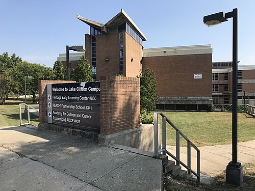 Former Lake Clifton Eastern High School (1971; Smeallie, Orrick & Janka, Architects), 2801 Saint Lo Drive, Baltimore, MD, Clifton Park