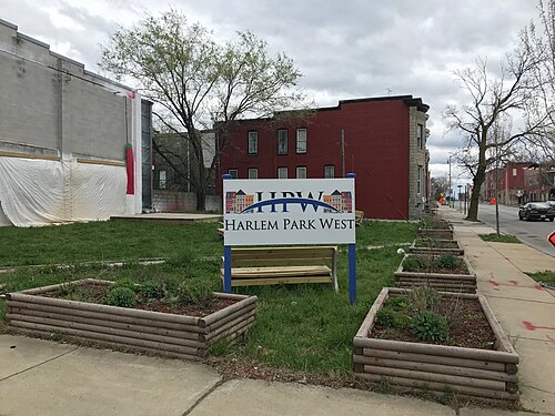 "Harlem Park West" Sign at Community Walk Through Theater, W. Lanvale Street and N. Monroe Street (Southeast Corner), Ba, Harlem Park