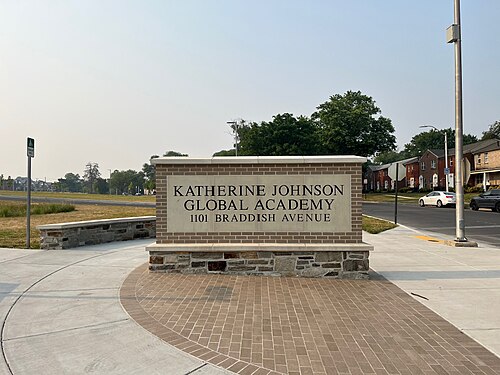 Sign, Katherine Johnson Global Academy, 1101 Braddish Avenue, Baltimore, MD 21216, Bridgeview/Greenlawn