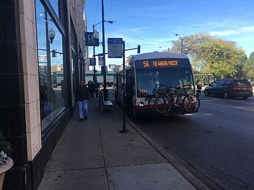 56 to Wash Mich CTA Bus with Bikes on Rack, Logan Square
