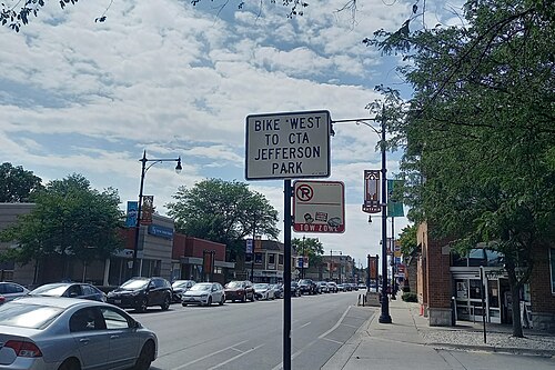 "Bike West to CTA Jefferson Park" Sign - Chicago, IL - August 2025, Albany Park