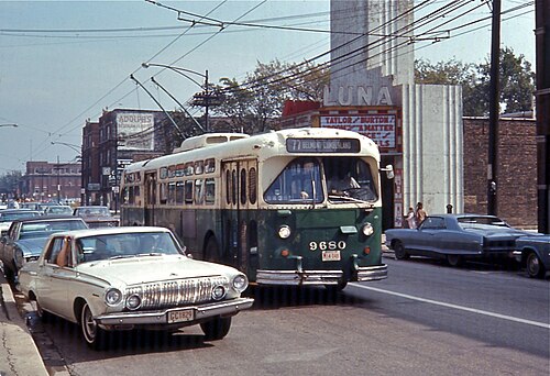 Chicago Trolleybus 9680 on Belmont in 1968, Portage Park