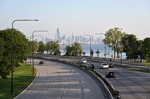 Morning View of the Downtown Skyline from 51st Street Pedestrian Bridge Over Lake Shore Drive, Chicago, 2025, Kenwood